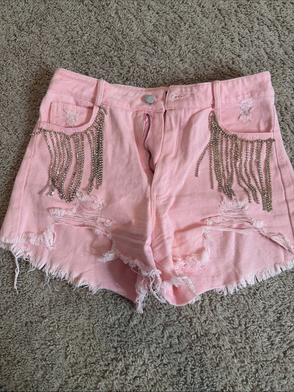 High-Waist Pink Distressed Denim Shorts with Rhinestone Fringe